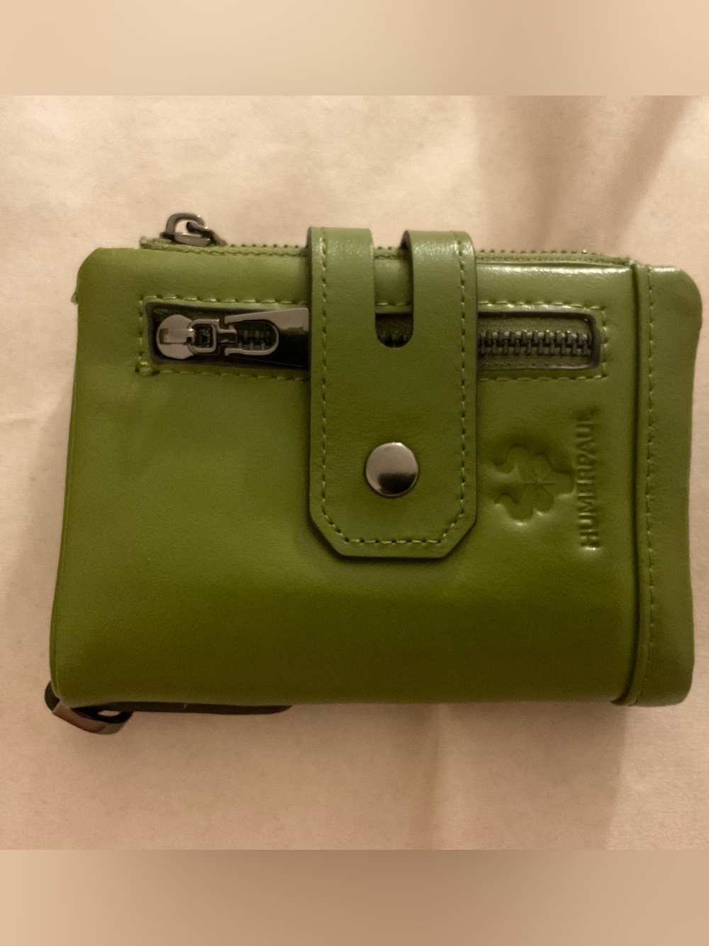 Compact Olive Green Wallet with Snap and Zip Pocket